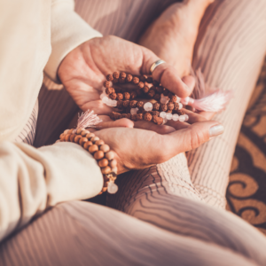 Gifts of comfort for those who are grieving or have experienced another traumatic event include mala beads, shown here. Caption: Mala beads can enhance prayer and meditation.